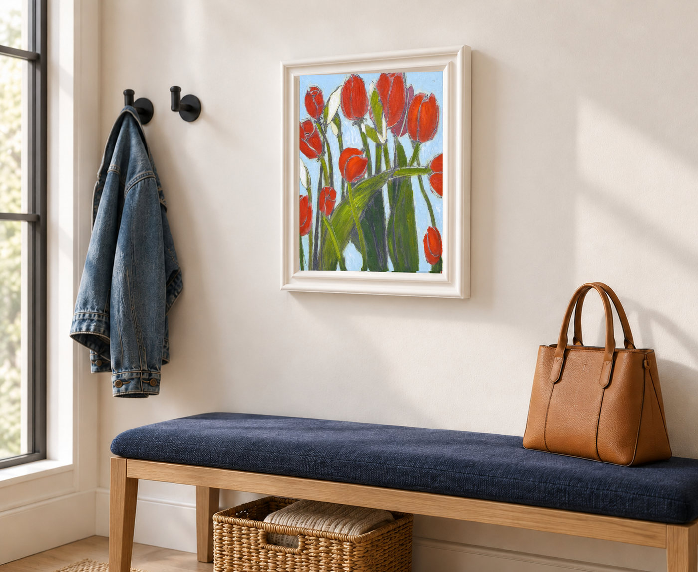 Red Tulip Floral Oil Painting against Blue