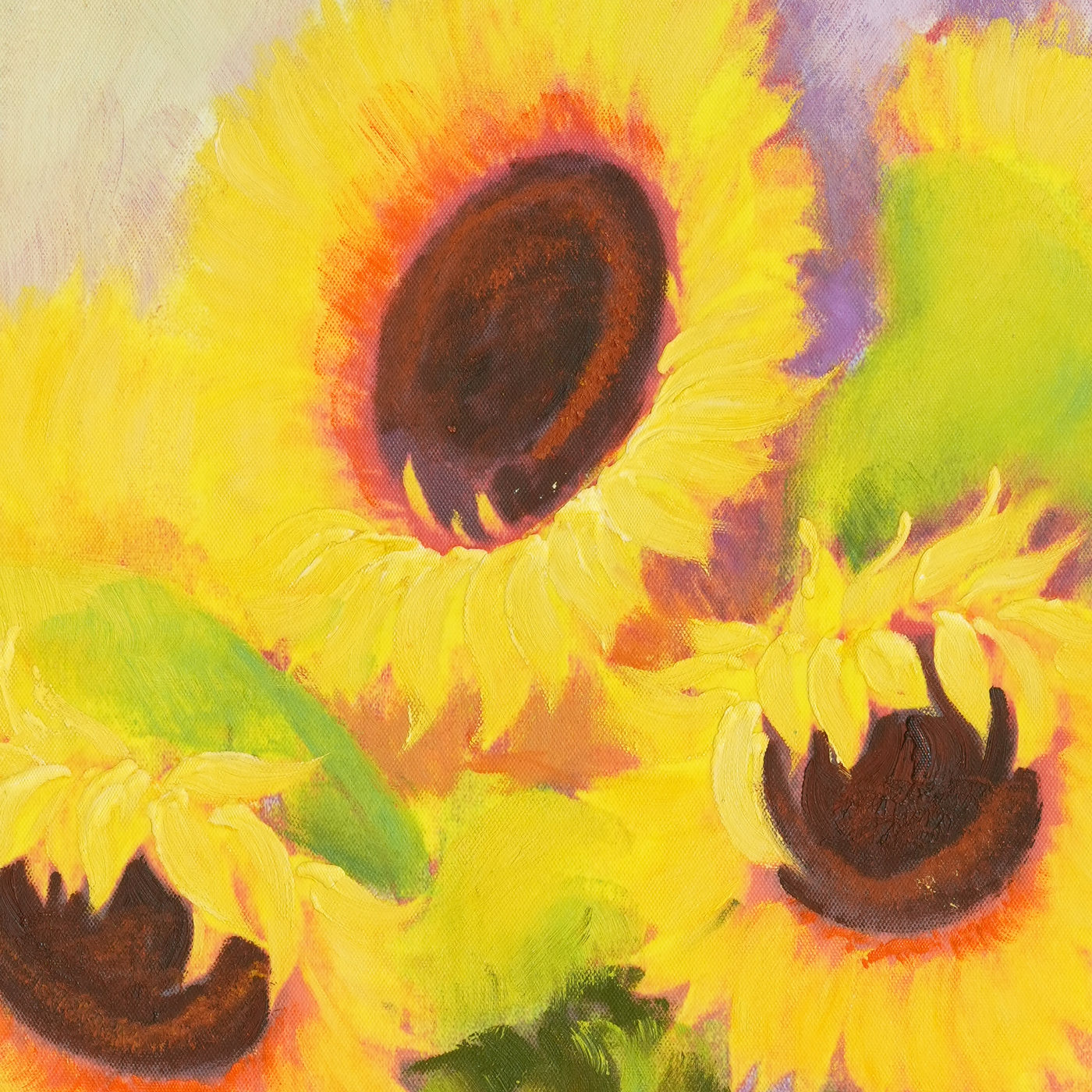 Sunflower Oil Painting on a Lavender Background - Brushwork detail