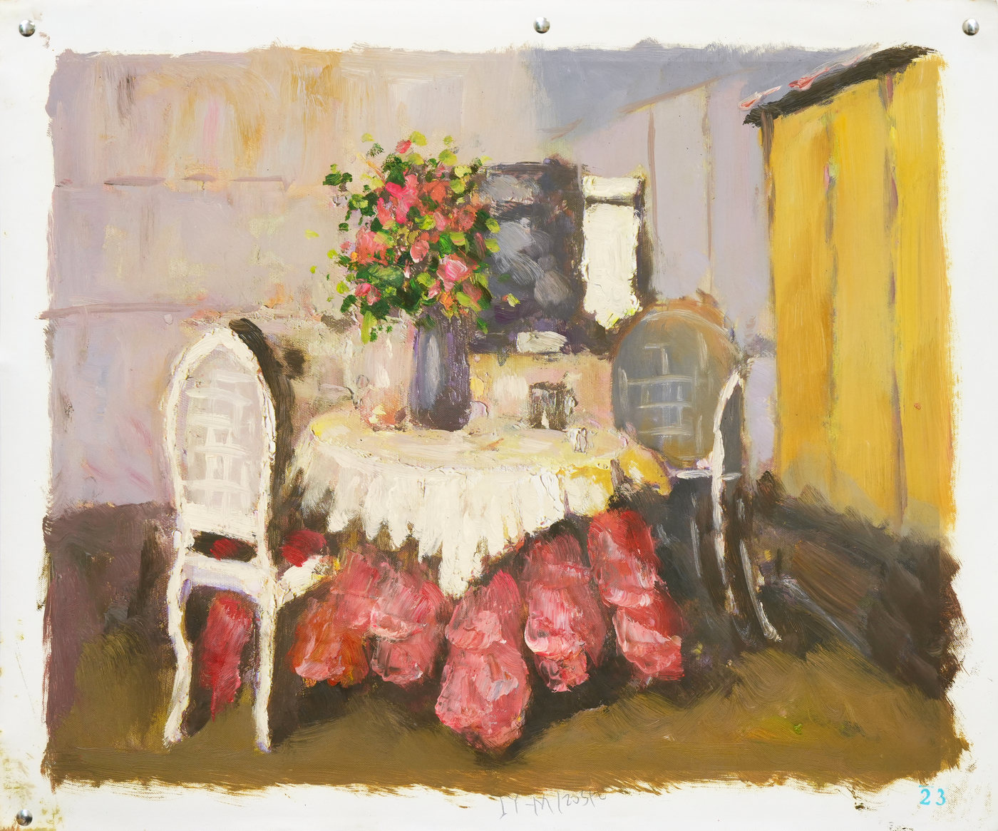 Flower Vase on a Round Table Interior Oil Painting