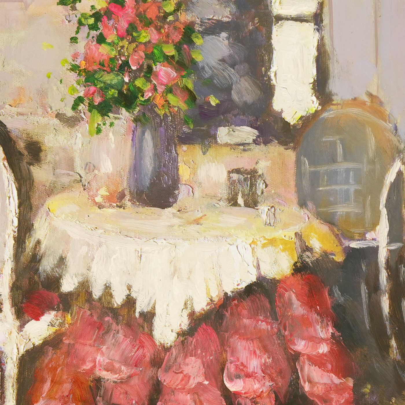Flower Vase on a Round Table Interior Oil Painting - Brushwork detail