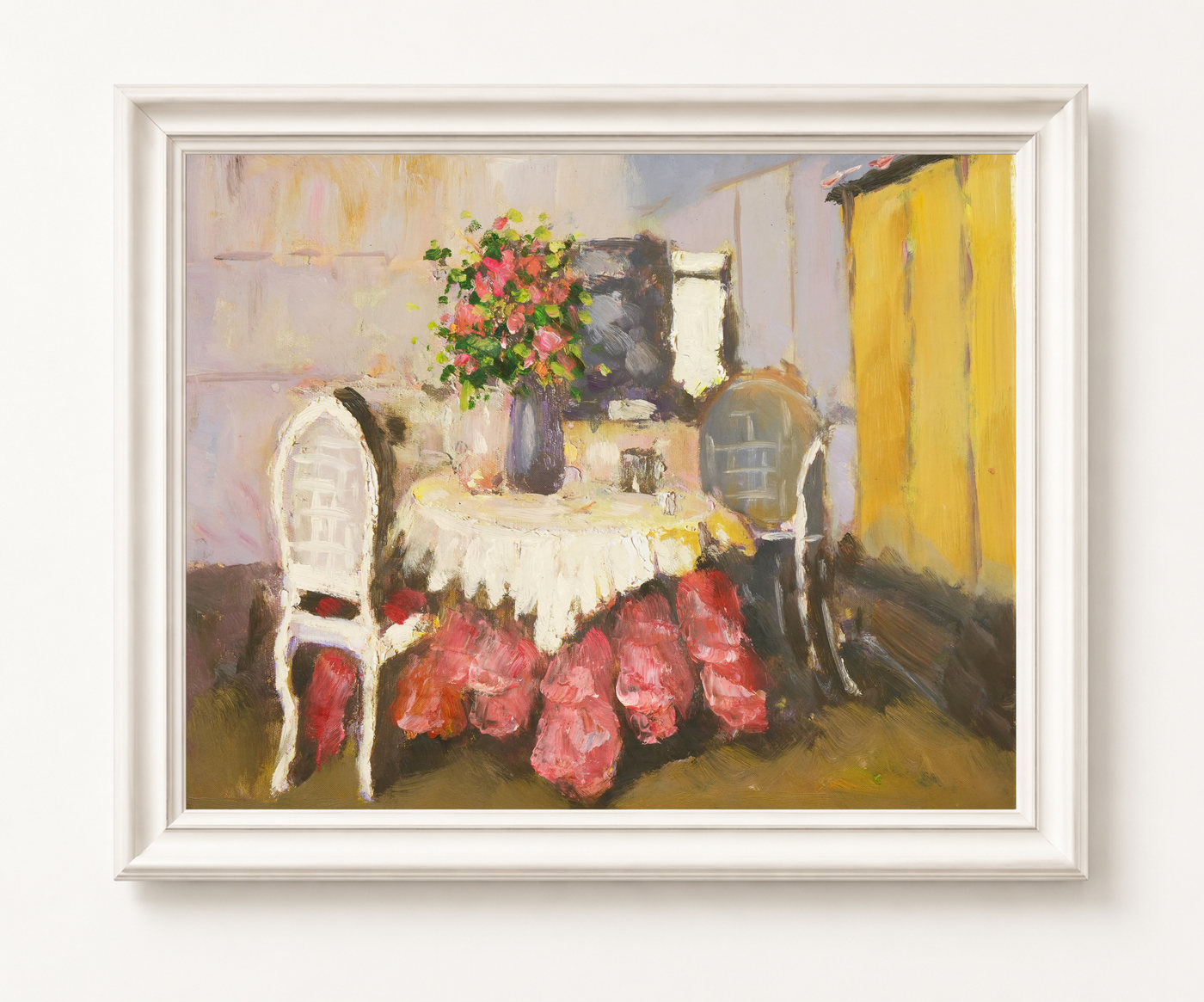 Flower Vase on a Round Table Interior Oil Painting - Frame example