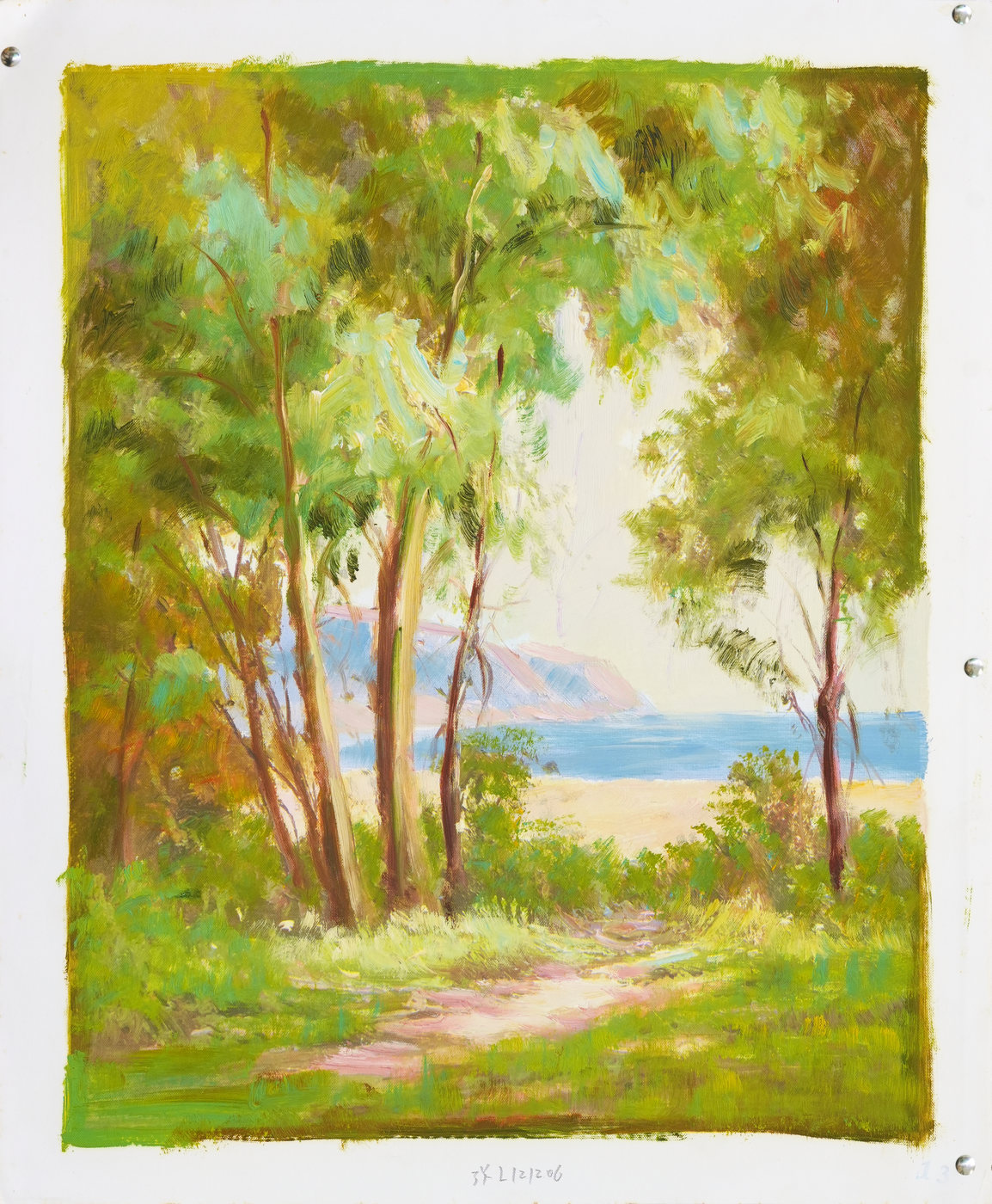 Coastal Landscape Oil Painting with a Sunlit Woodland Path