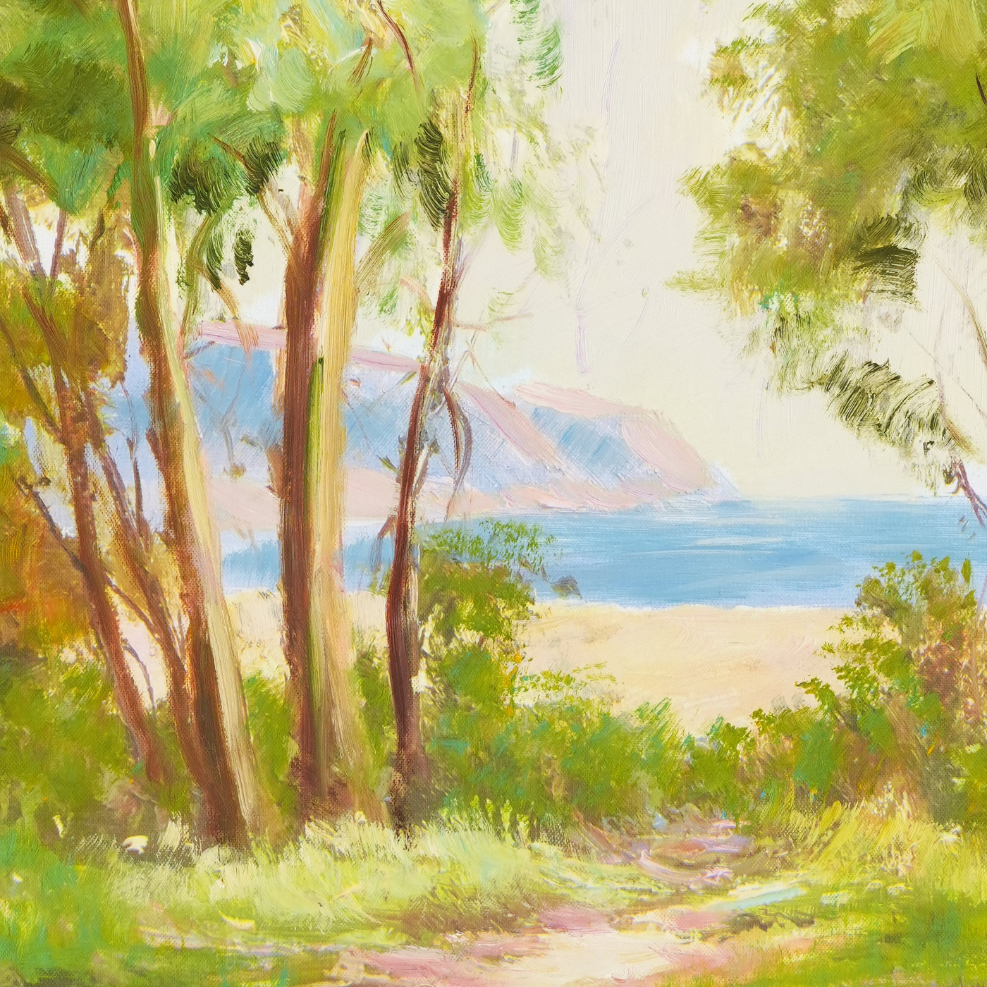 Coastal Landscape Oil Painting with a Sunlit Woodland Path - Brushwork detail