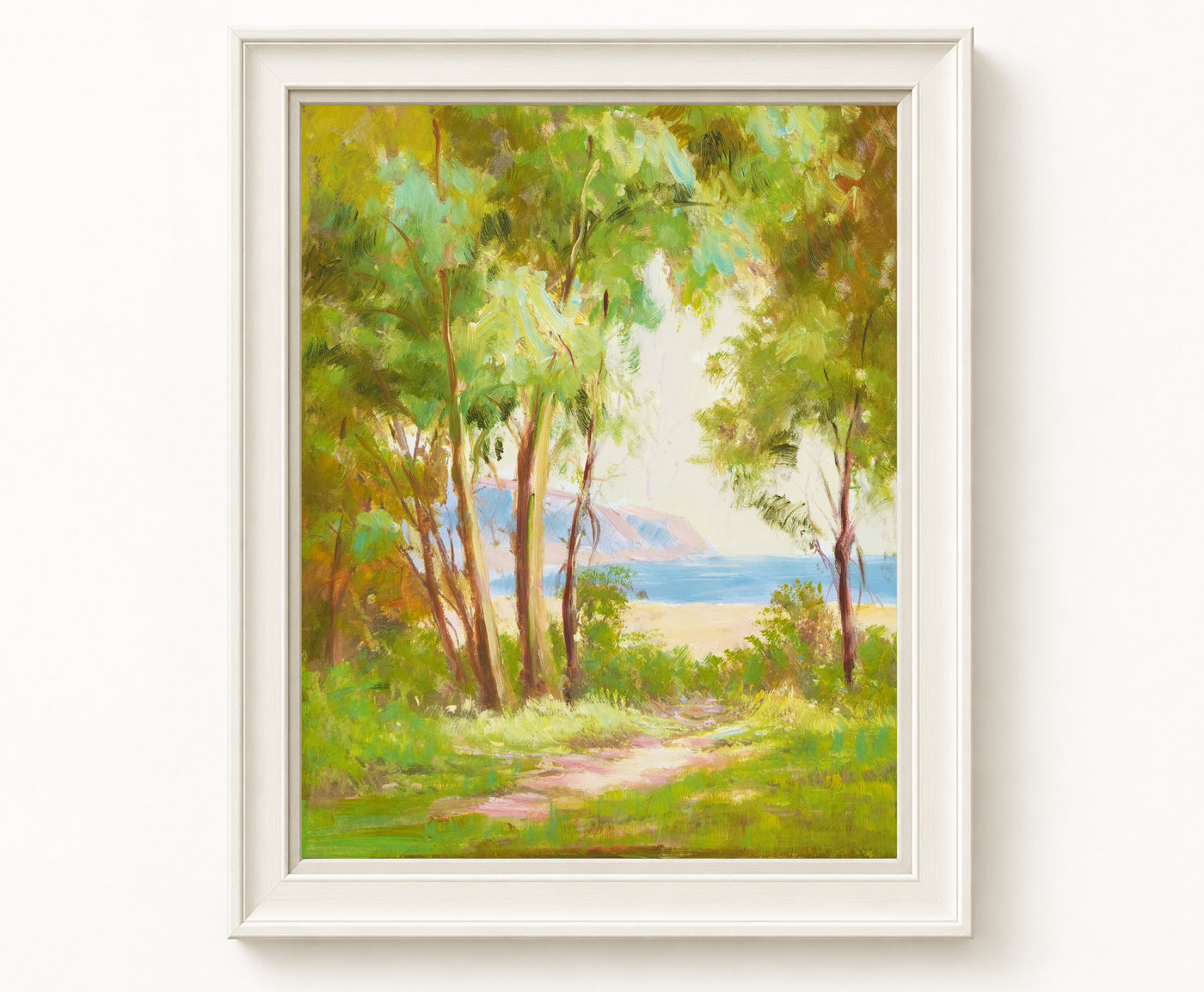Coastal Landscape Oil Painting with a Sunlit Woodland Path - Frame example