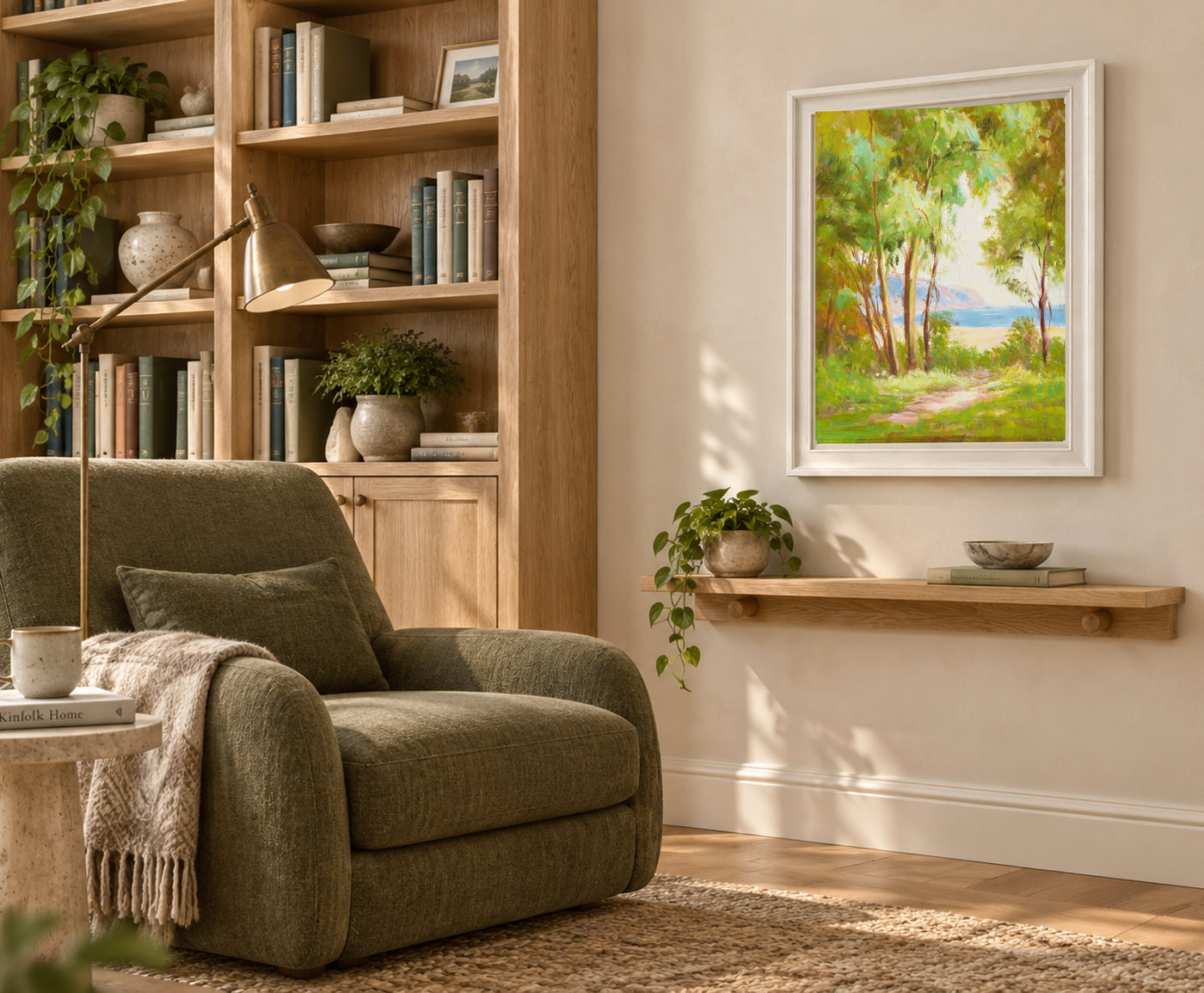 Coastal Landscape Oil Painting with a Sunlit Woodland Path