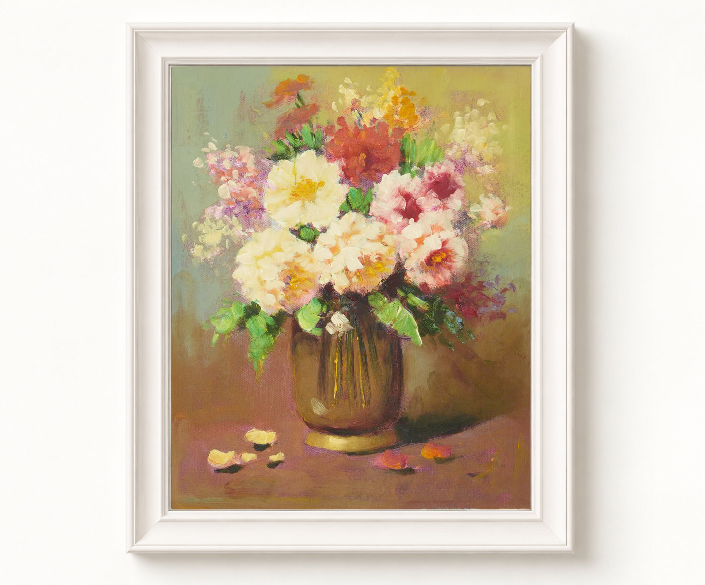 Pink and Cream Flower Bouquet Oil Painting - Frame example