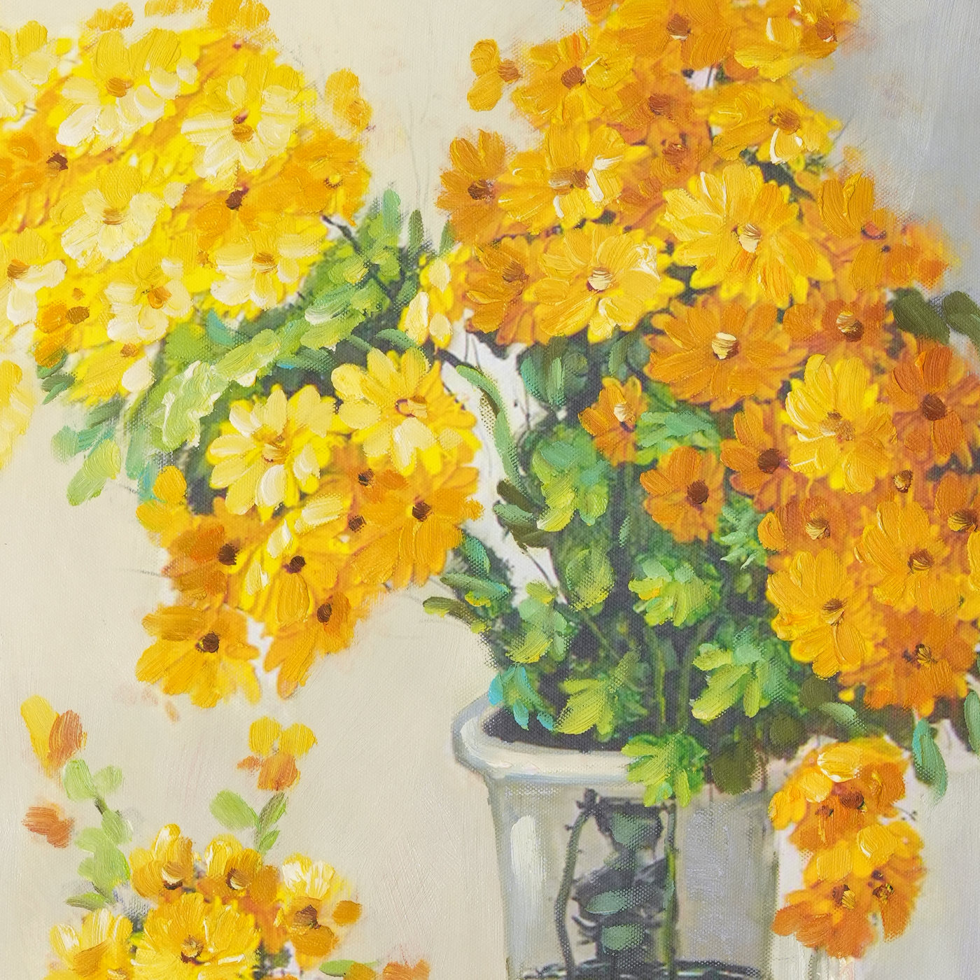 Yellow Flower Oil Painting in Glass Vases - Brushwork detail