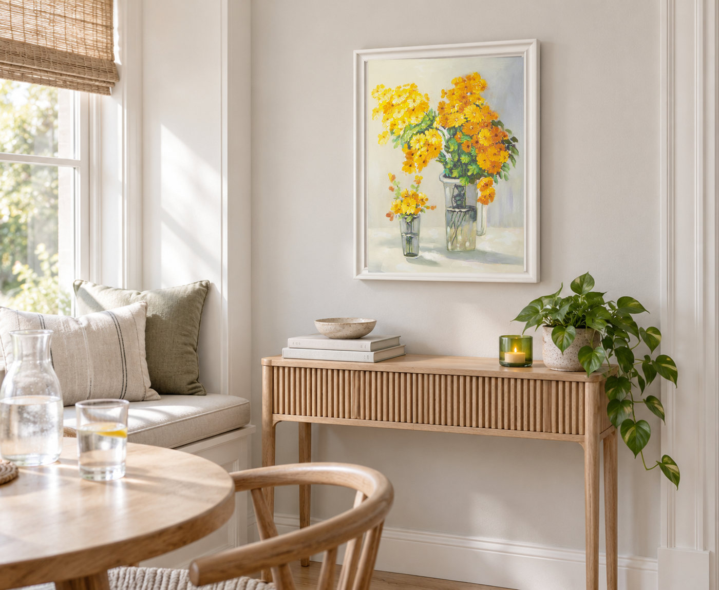 Yellow Flower Oil Painting in Glass Vases