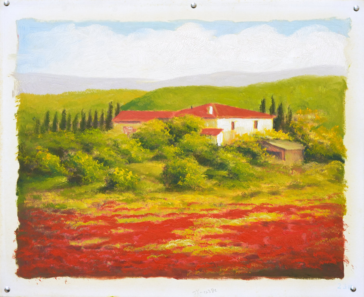Red Flower Field Landscape Oil Painting with Country House