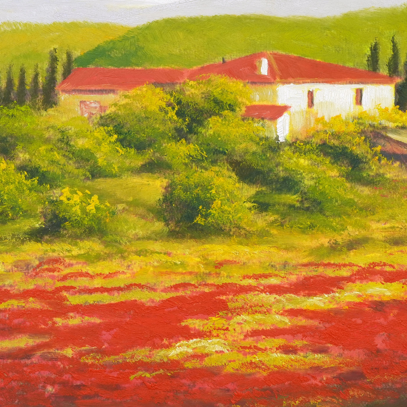 Red Flower Field Landscape Oil Painting with Country House - Brushwork detail
