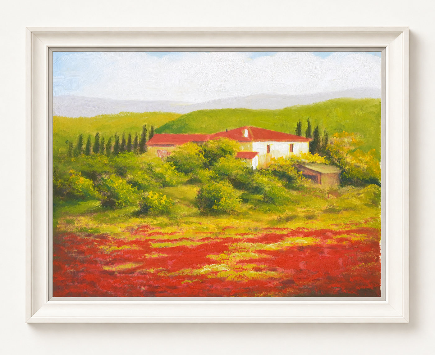 Red Flower Field Landscape Oil Painting with Country House - Frame example
