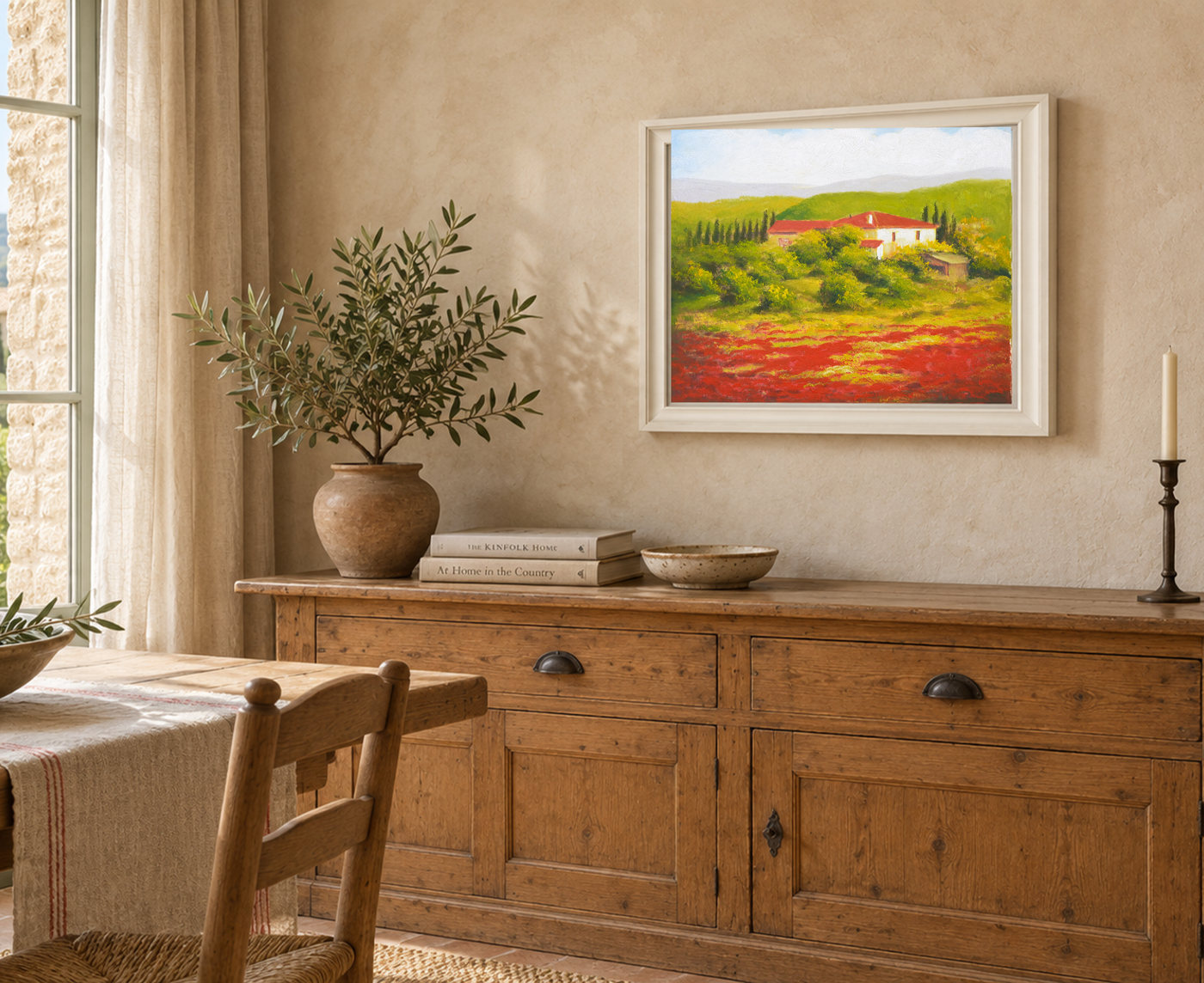 Red Flower Field Landscape Oil Painting with Country House