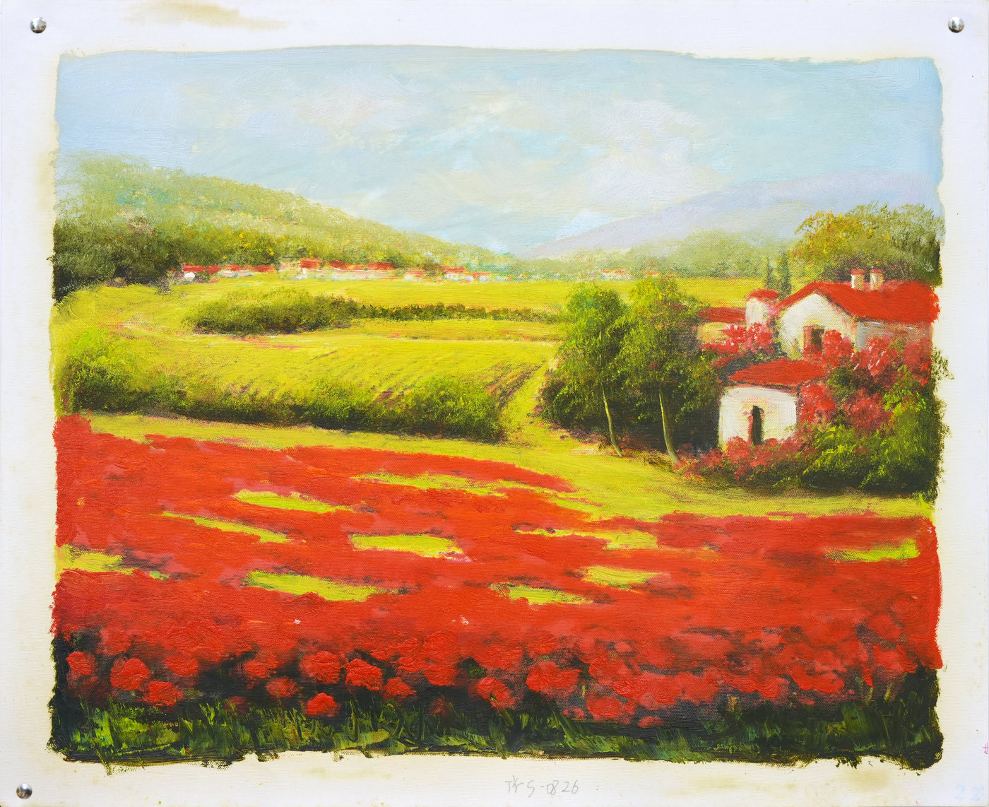 Country Houses Oil Painting beyond Red Flower Fields