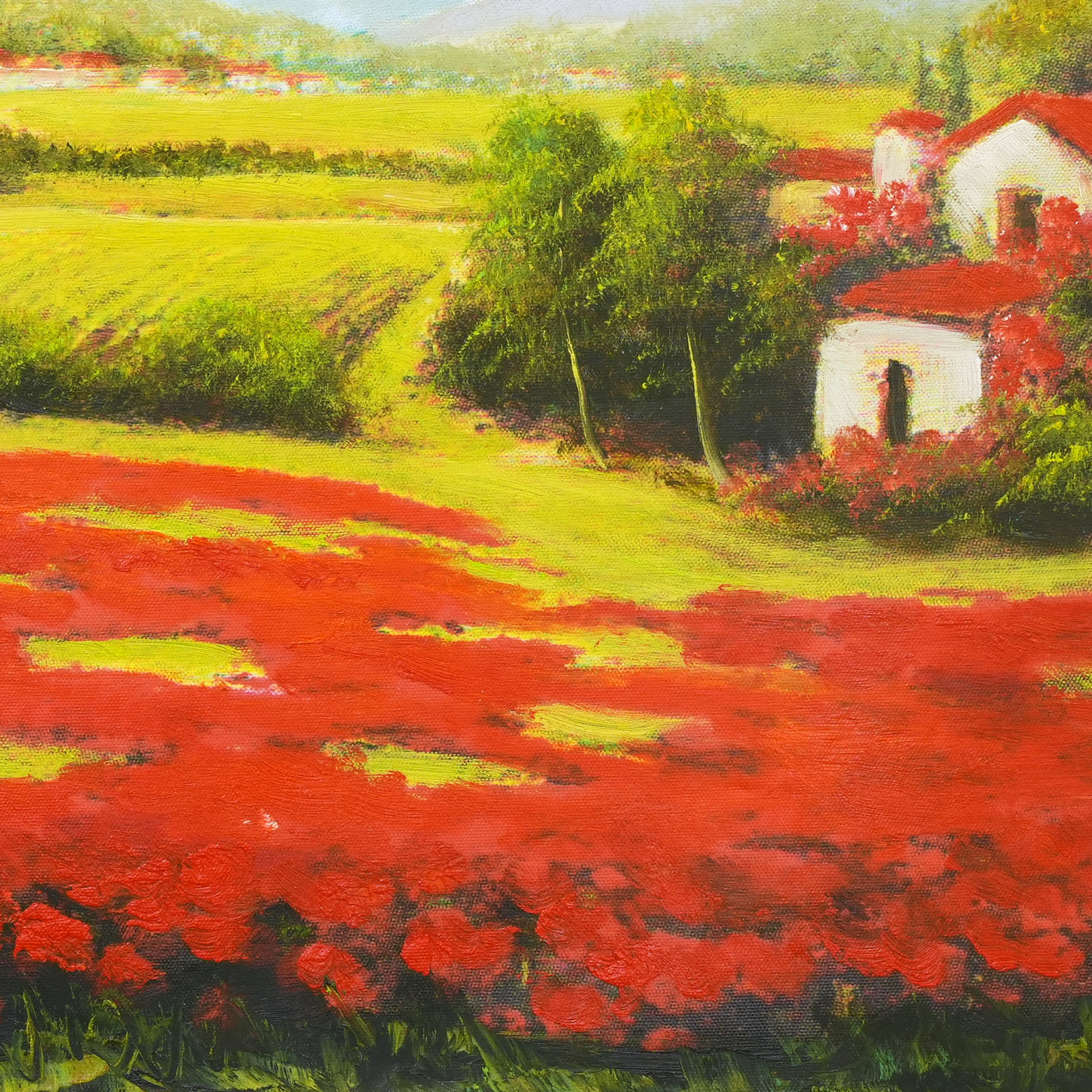 Country Houses Oil Painting beyond Red Flower Fields - Brushwork detail