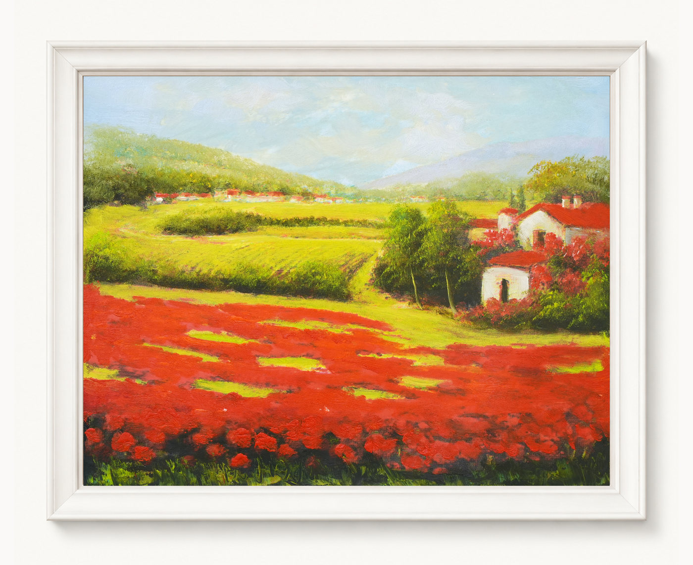 Country Houses Oil Painting beyond Red Flower Fields - Frame example