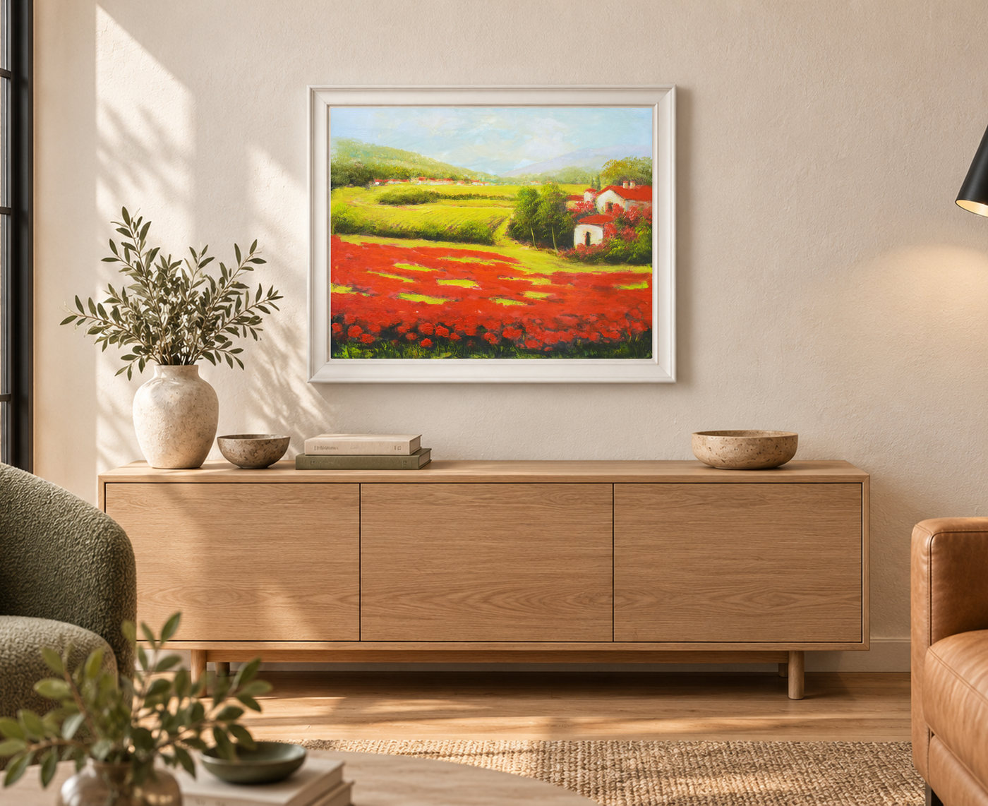 Country Houses Oil Painting beyond Red Flower Fields
