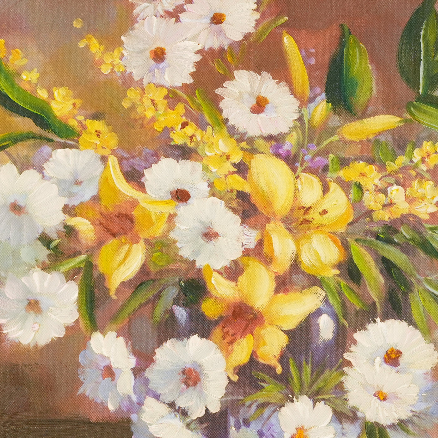 White Daisy Bouquet Floral Oil Painting - Brushwork detail