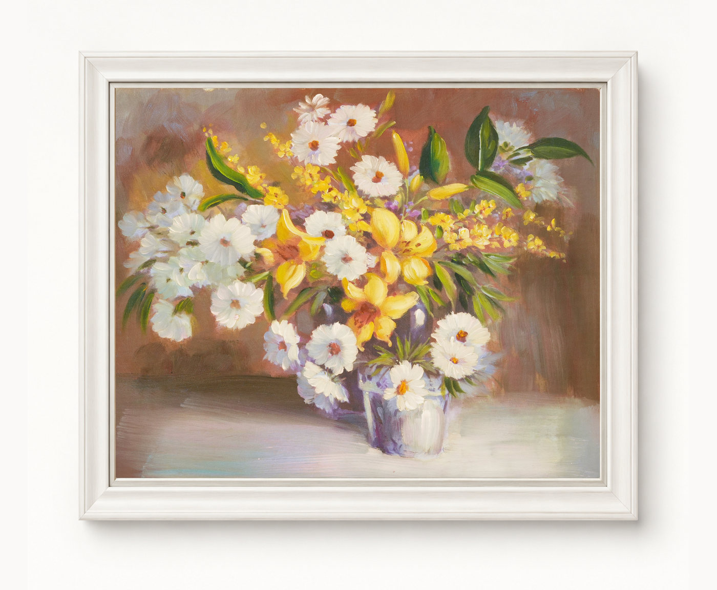 White Daisy Bouquet Floral Oil Painting - Frame example