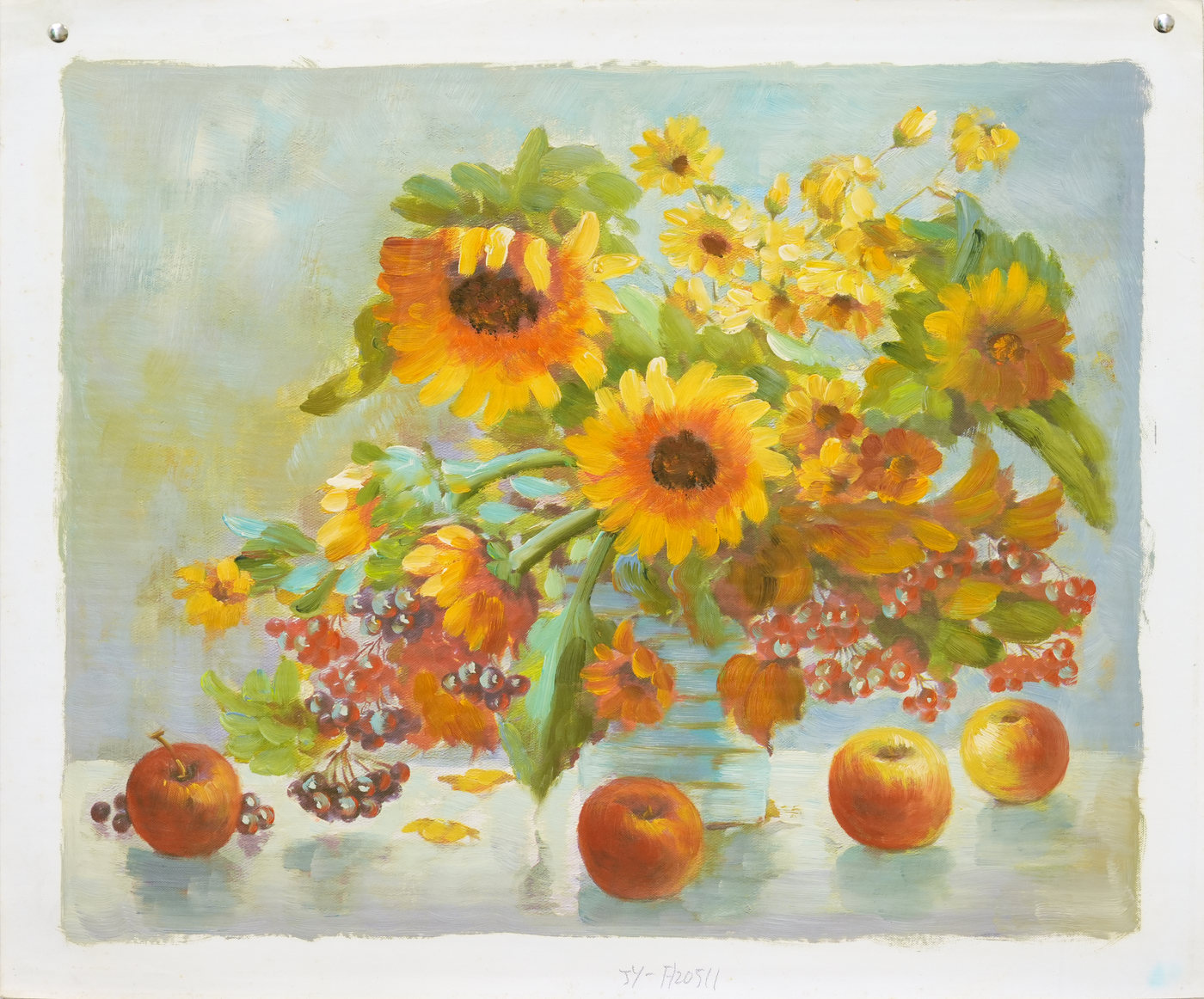 Sunflower Still Life Oil Painting with Summer Fruit