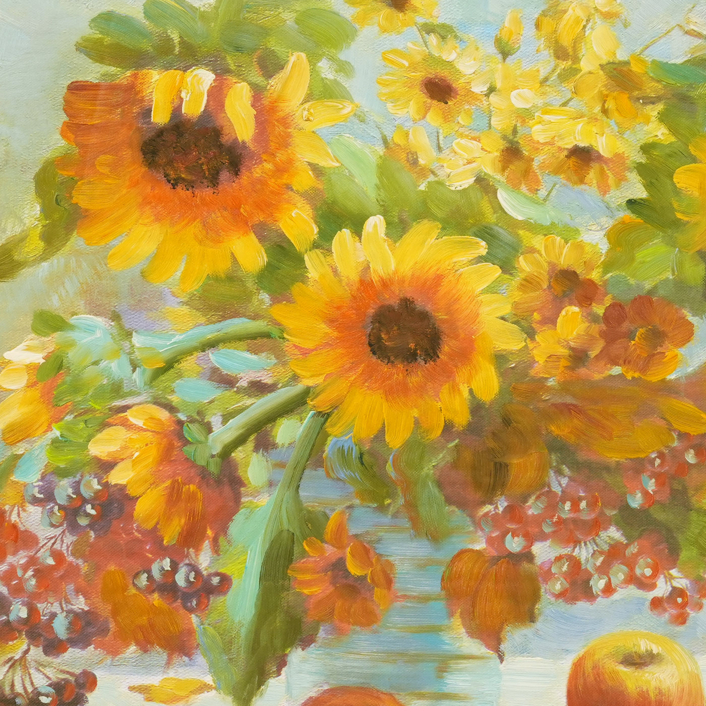 Sunflower Still Life Oil Painting with Summer Fruit - Brushwork detail