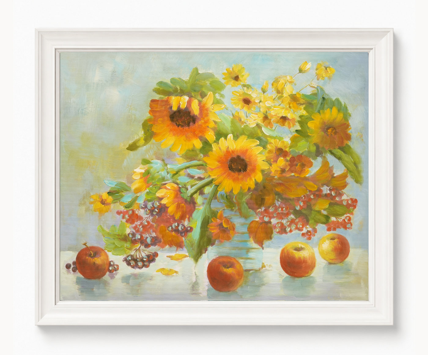 Sunflower Still Life Oil Painting with Summer Fruit - Frame example