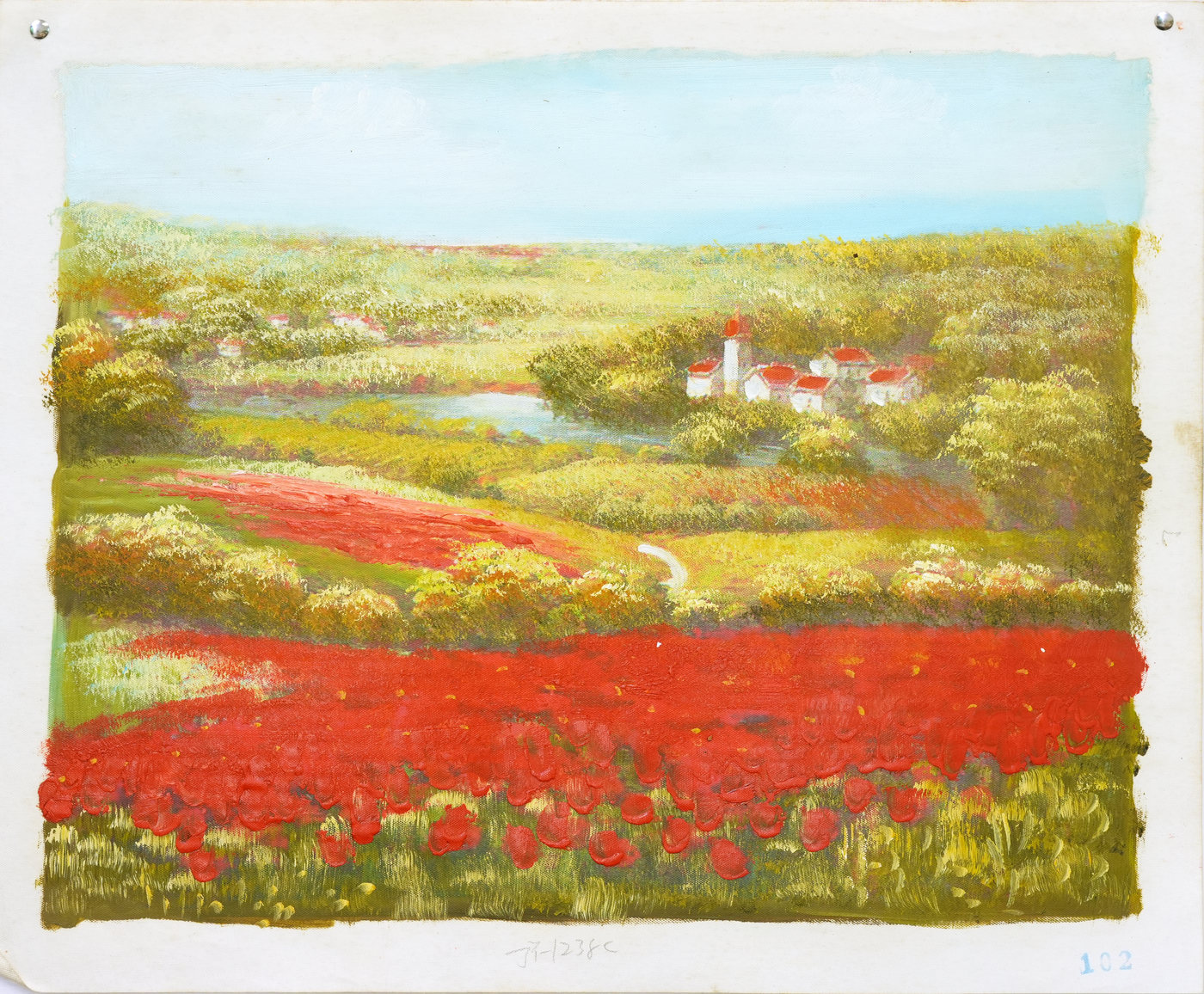 Valley Landscape Oil Painting with Red Flower Fields