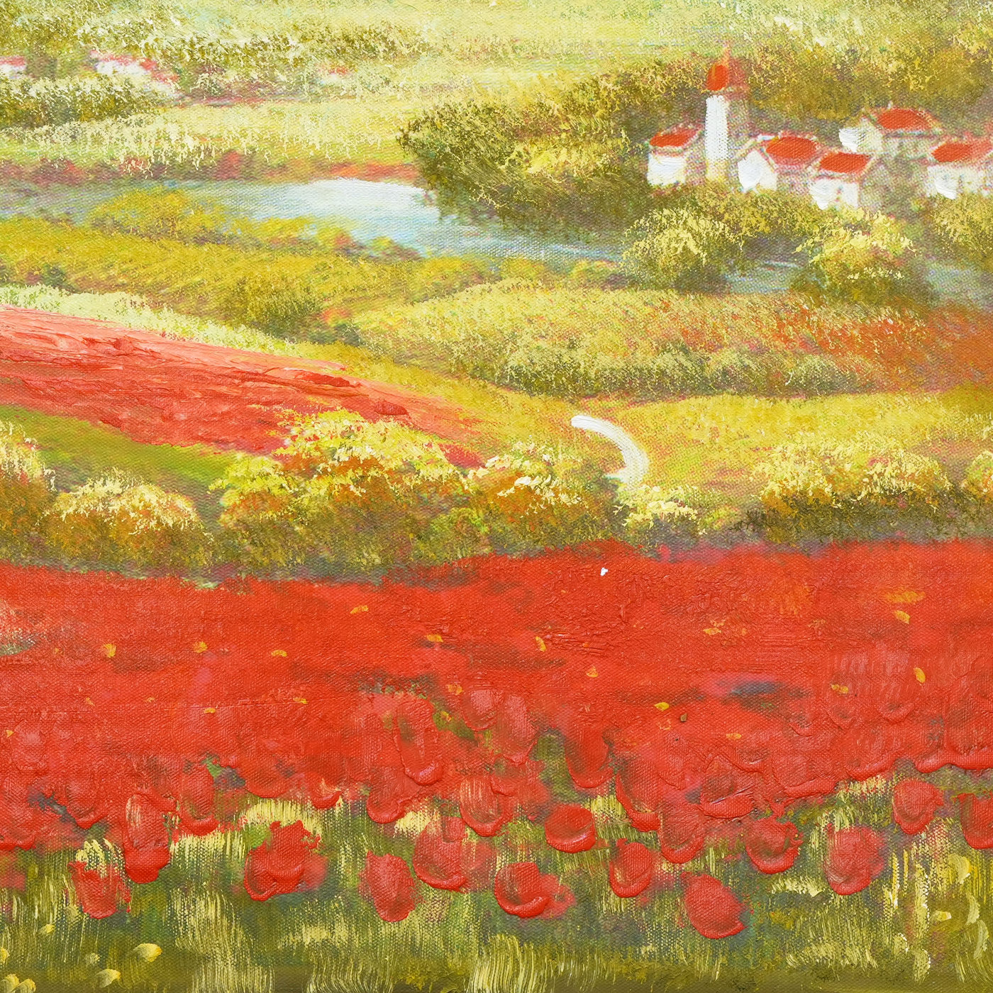Valley Landscape Oil Painting with Red Flower Fields - Brushwork detail