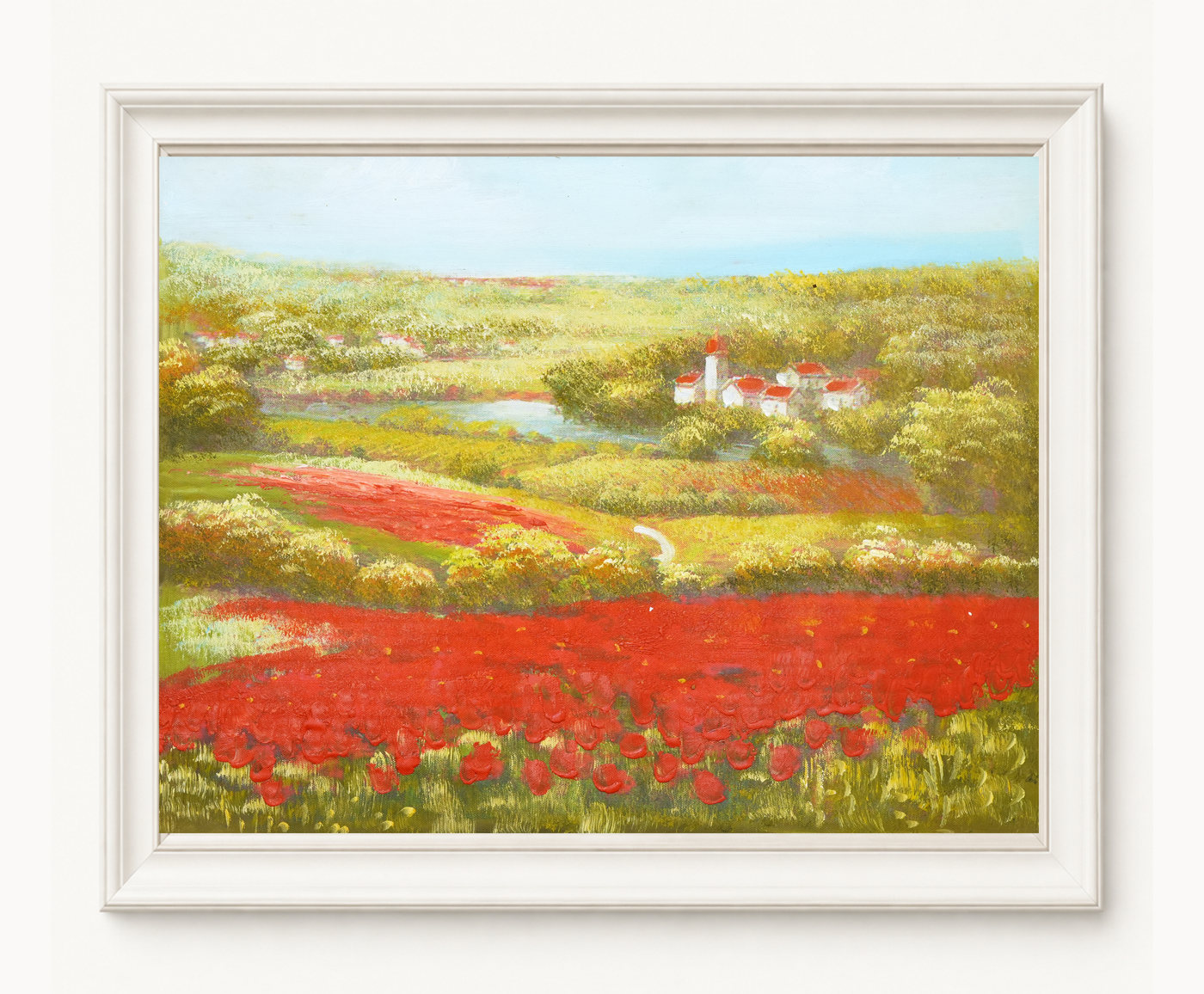 Valley Landscape Oil Painting with Red Flower Fields - Frame example