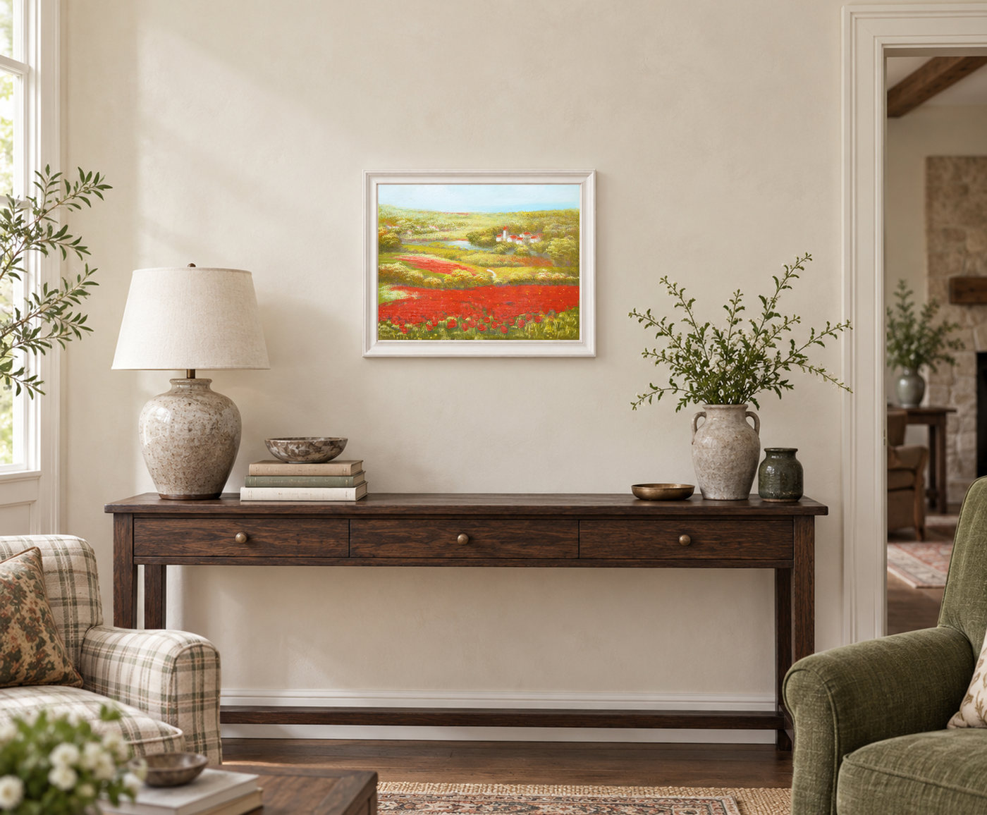 Valley Landscape Oil Painting with Red Flower Fields