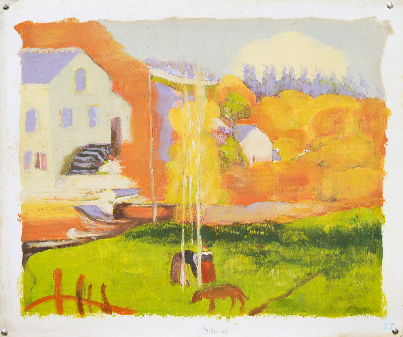 Autumn Cottage Landscape Oil Painting by Water