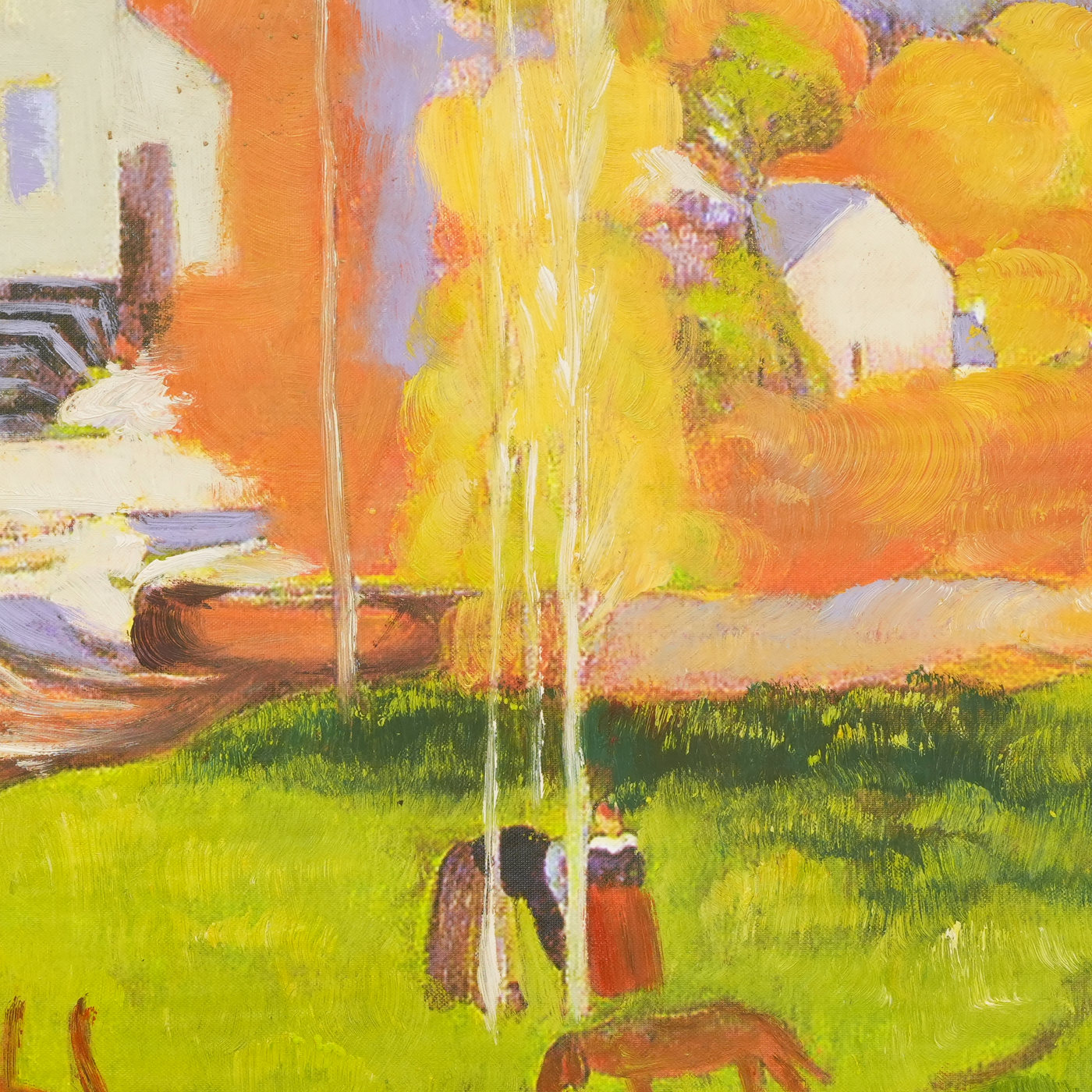 Autumn Cottage Landscape Oil Painting by Water - Brushwork detail