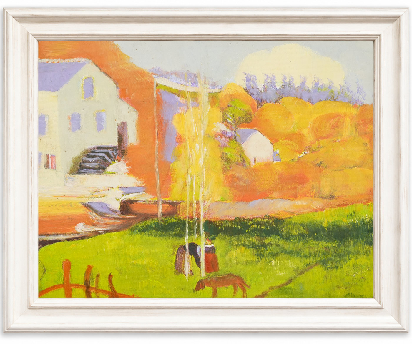 Autumn Cottage Landscape Oil Painting by Water - Frame example
