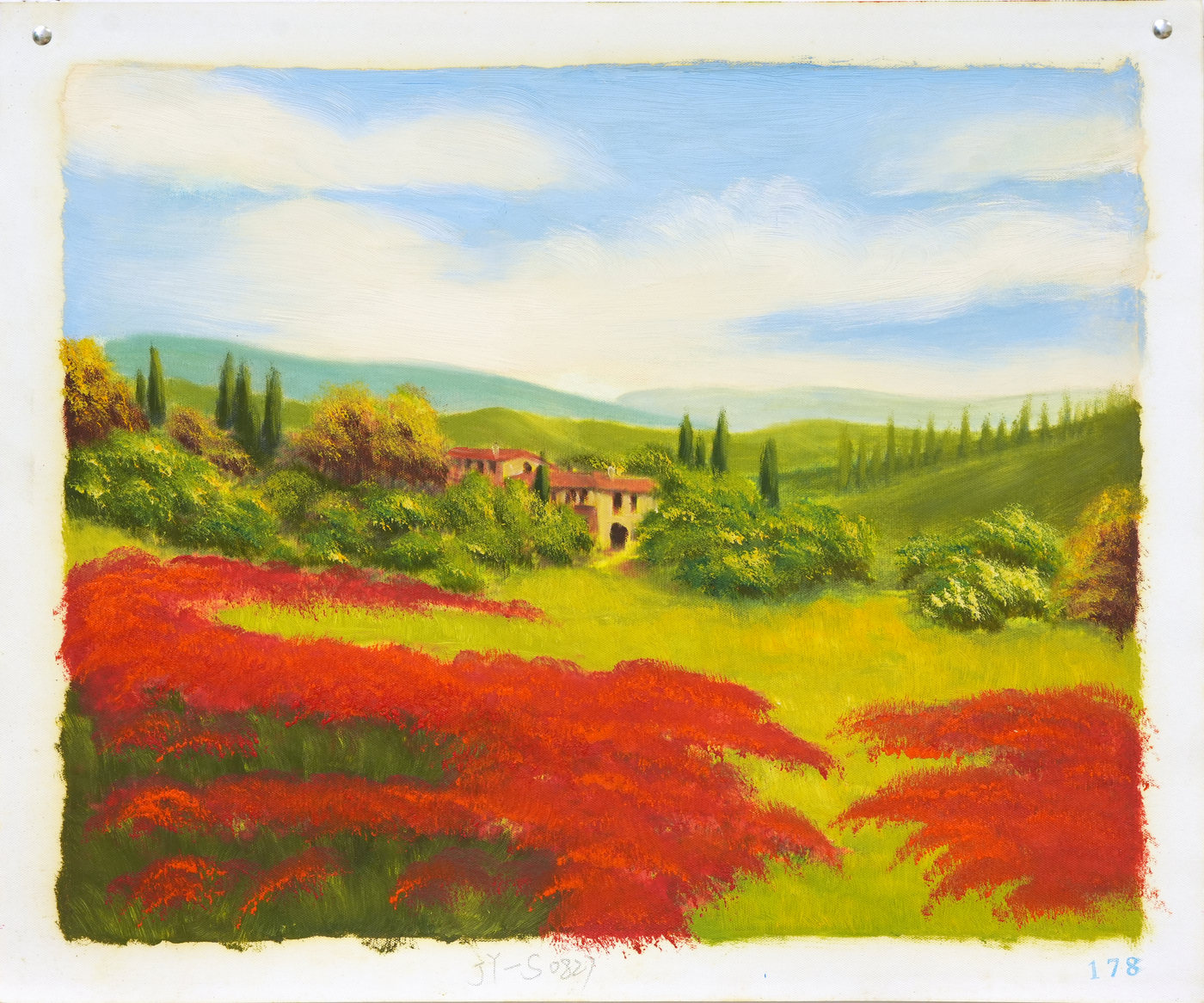 Cypress Hills Landscape Oil Painting with Red Flower Fields