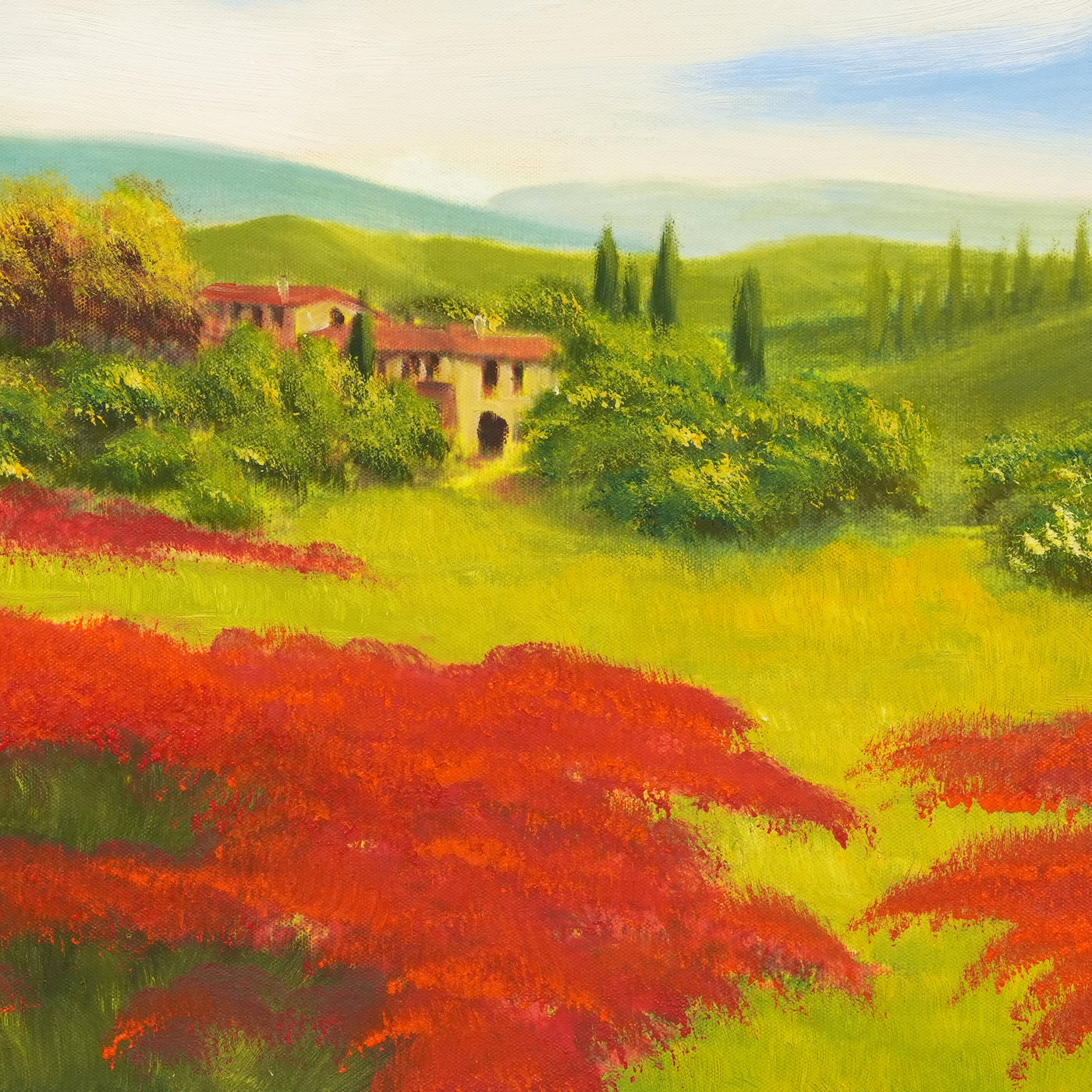 Cypress Hills Landscape Oil Painting with Red Flower Fields - Brushwork detail