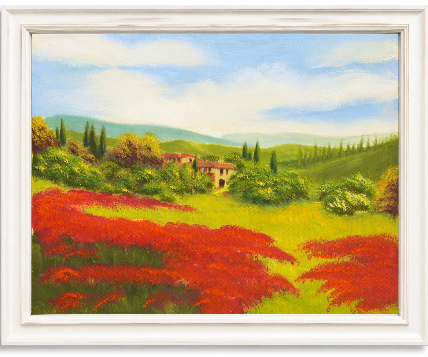 Cypress Hills Landscape Oil Painting with Red Flower Fields - Frame example