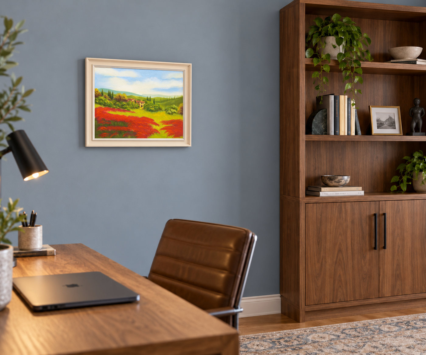 Cypress Hills Landscape Oil Painting with Red Flower Fields