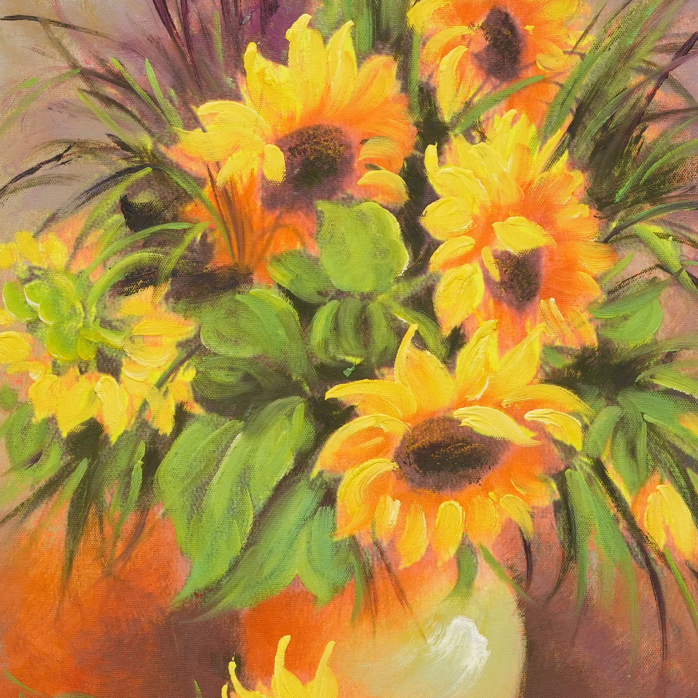 Sunflower Oil Painting in a Terracotta Vase - Brushwork detail
