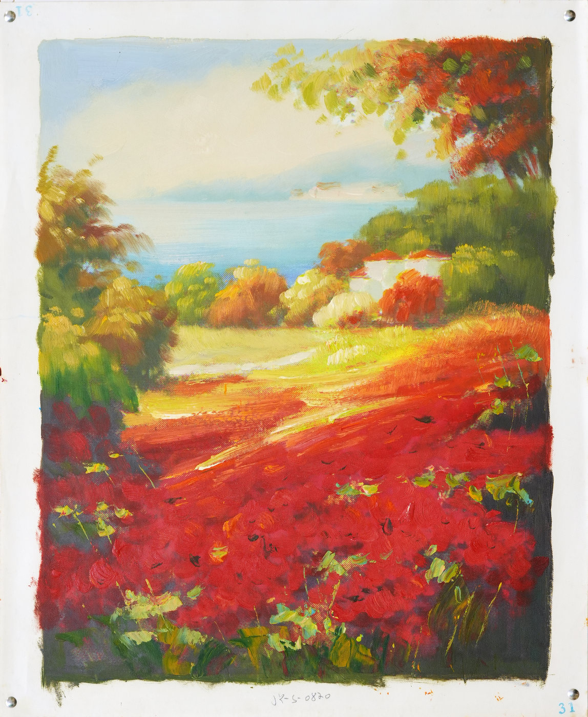 Red Meadow Path by Blue Water Landscape Oil Painting