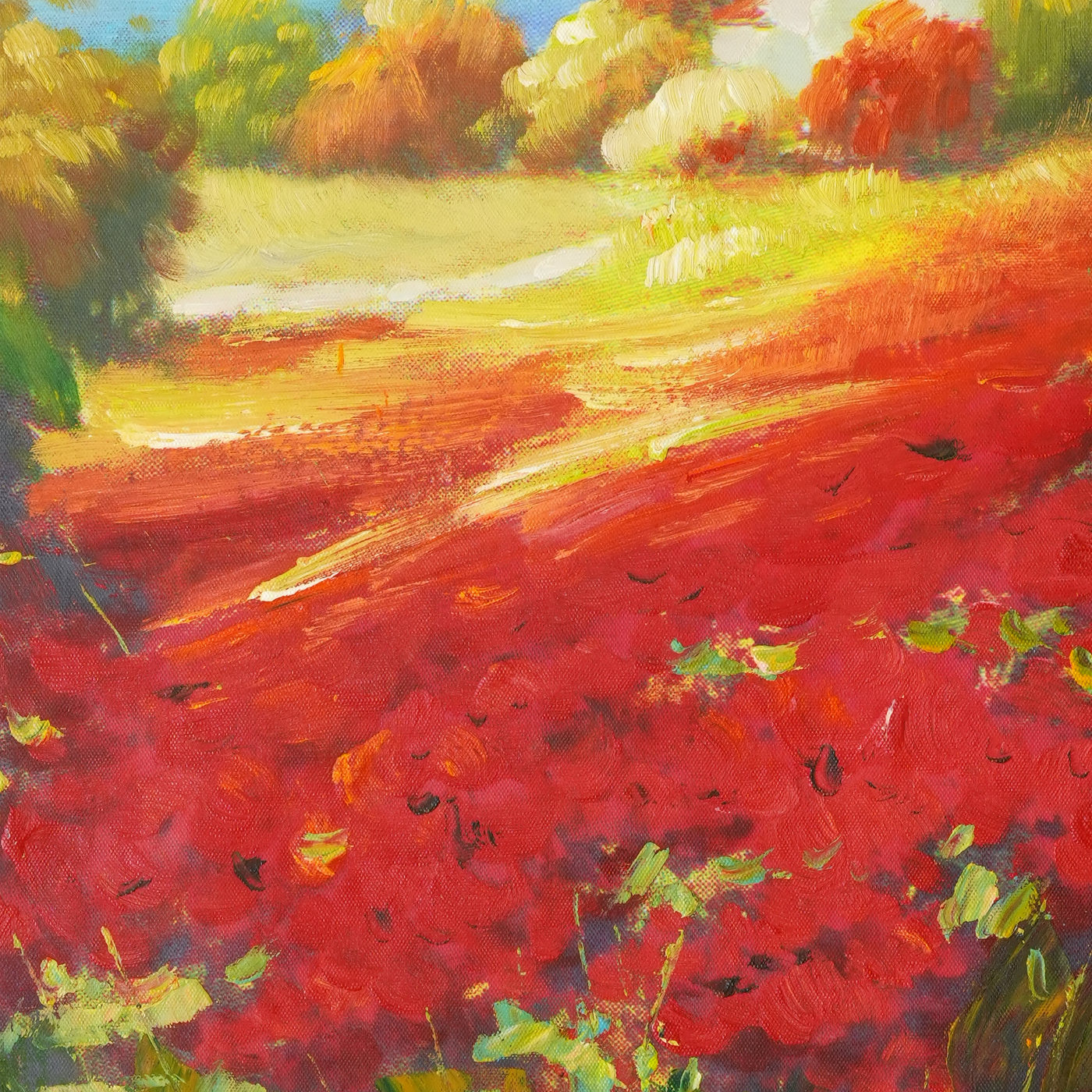 Red Meadow Path by Blue Water Landscape Oil Painting - Brushwork detail