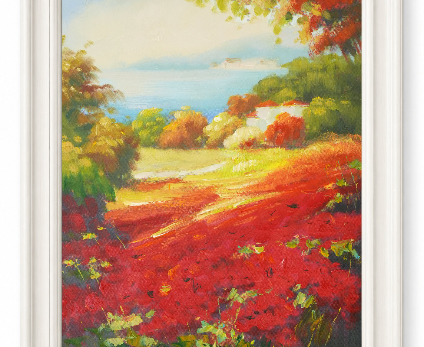 Red Meadow Path by Blue Water Landscape Oil Painting - Frame example