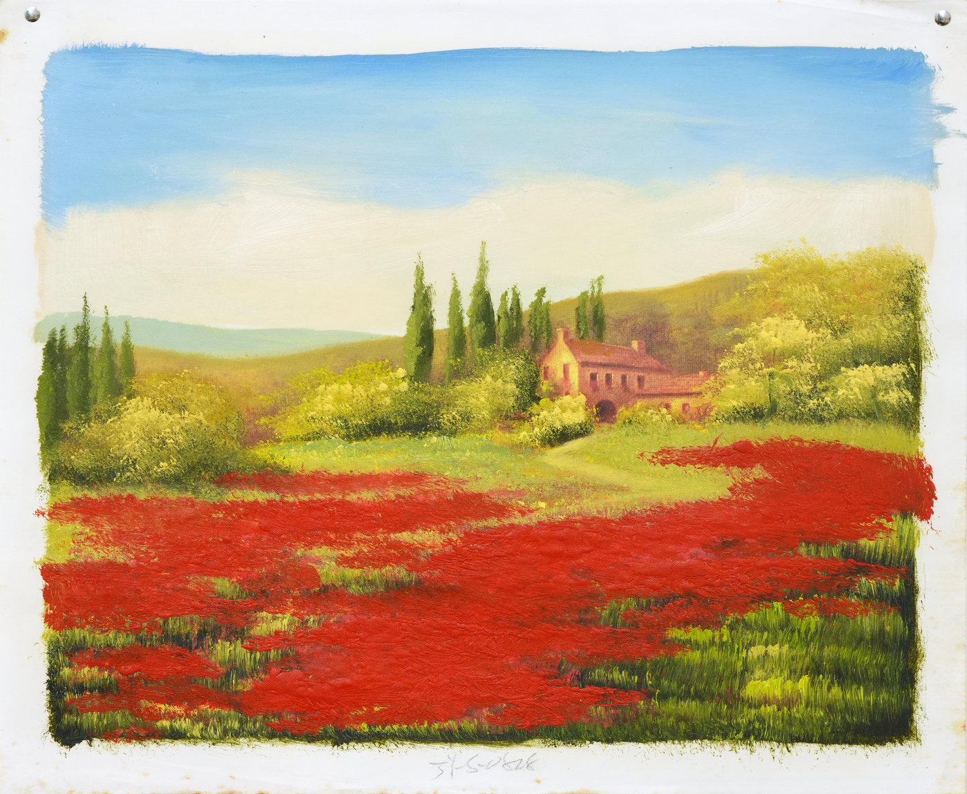 Country House and Cypress Trees Landscape Oil Painting