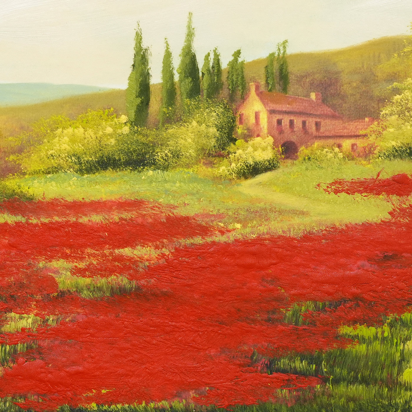Country House and Cypress Trees Landscape Oil Painting - Brushwork detail
