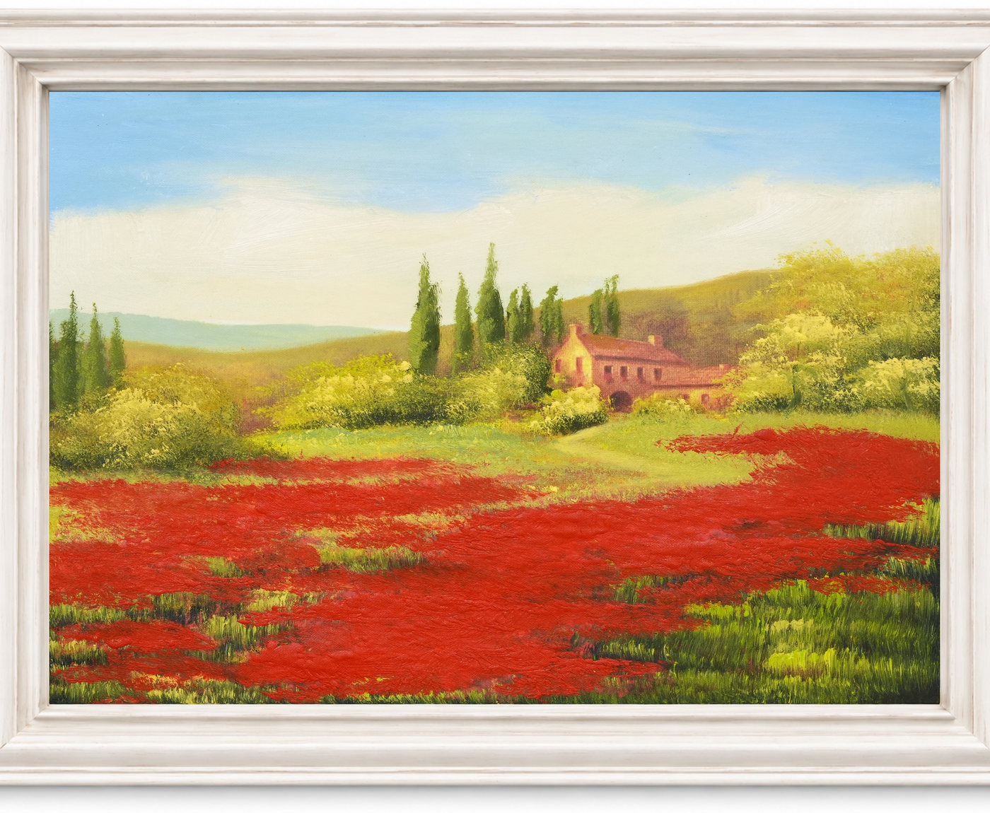 Country House and Cypress Trees Landscape Oil Painting - Frame example