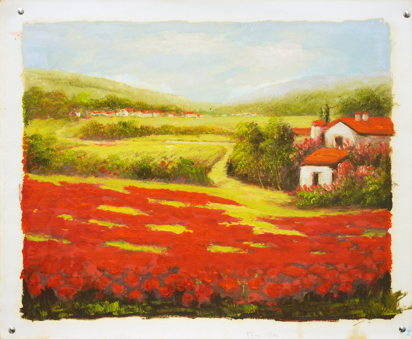 Hillside Houses above Red Fields Landscape Oil Painting