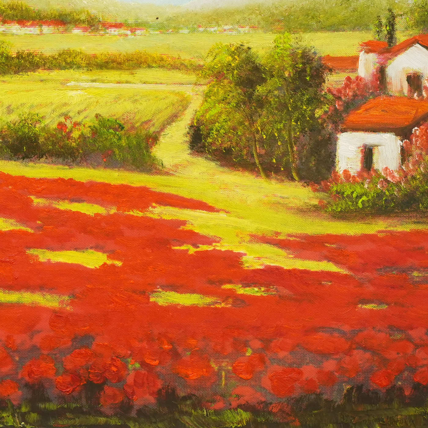 Hillside Houses above Red Fields Landscape Oil Painting - Brushwork detail