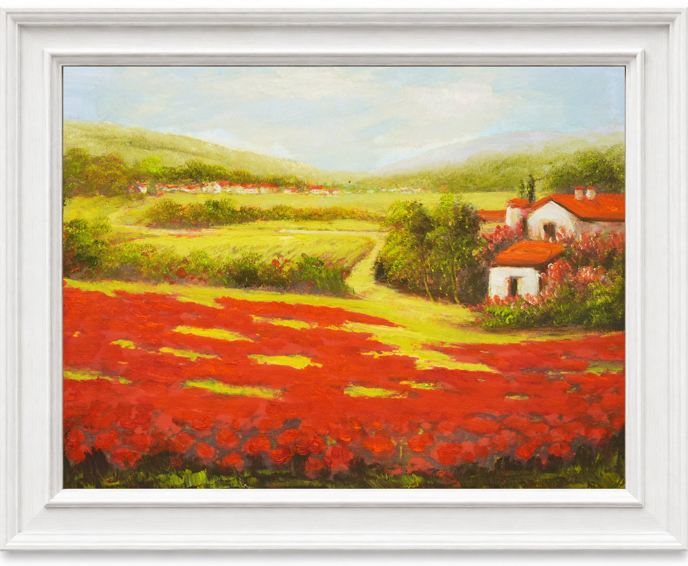 Hillside Houses above Red Fields Landscape Oil Painting - Frame example