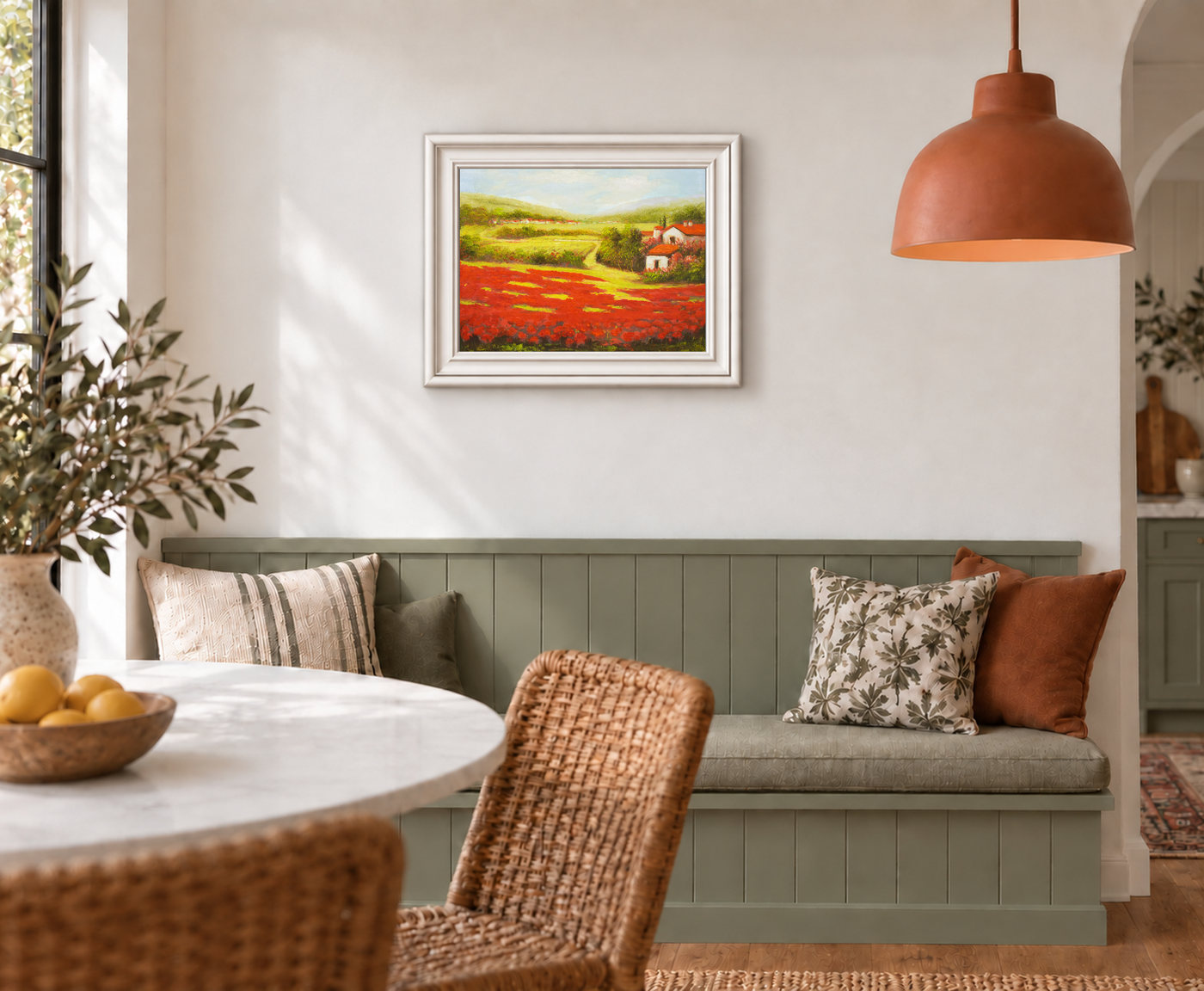 Hillside Houses above Red Fields Landscape Oil Painting