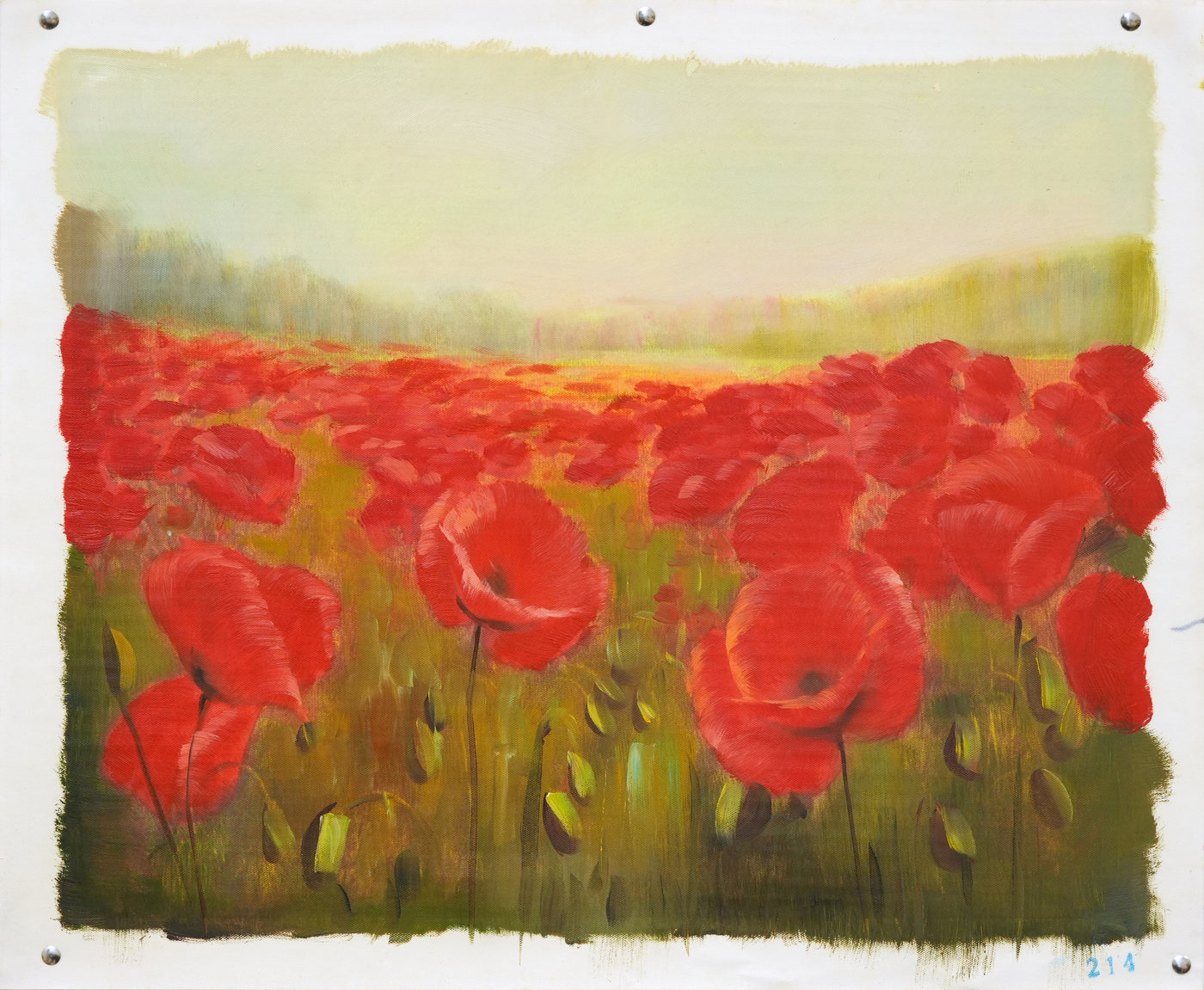 Scarlet Poppy Floral Oil Painting in a Green Meadow