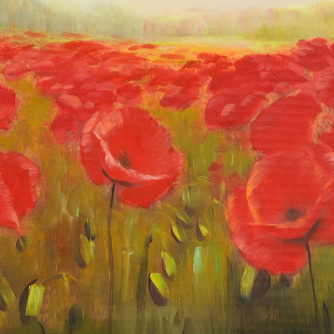 Scarlet Poppy Floral Oil Painting in a Green Meadow - Brushwork detail