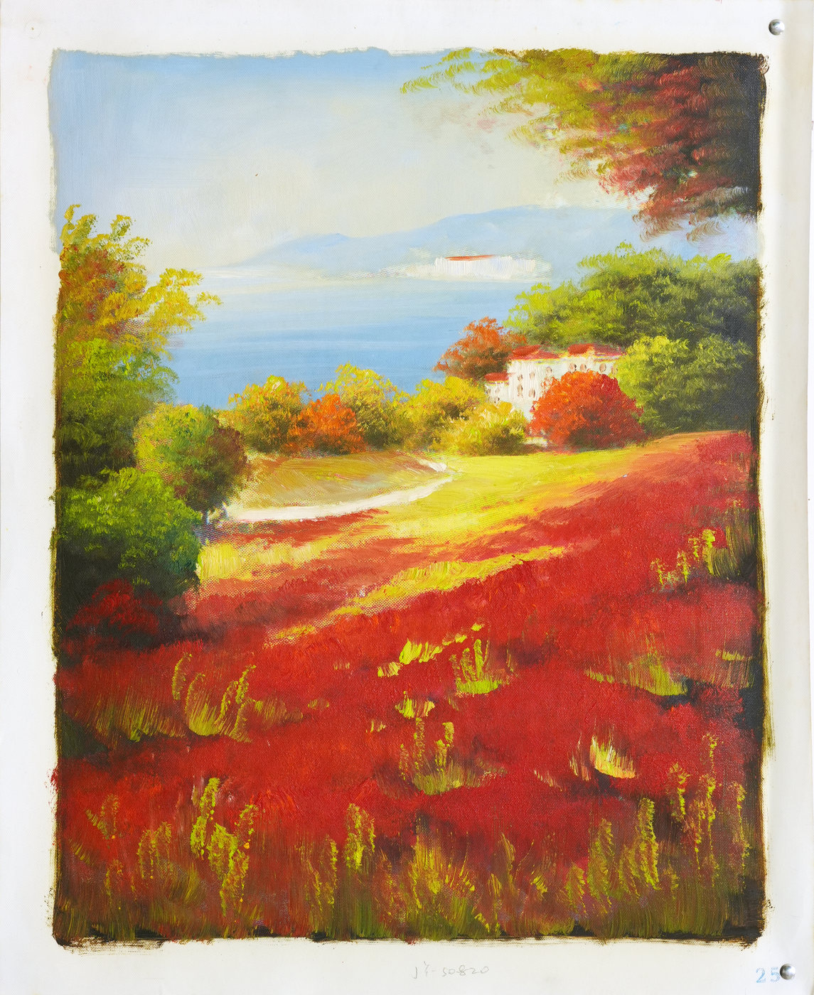 Red Meadow and White Cottage Landscape Oil Painting